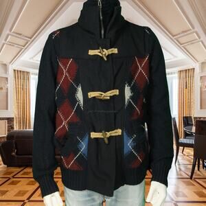 Desigual Wool Blend Argyle Sweater Toggle Jacket Coat 2XL